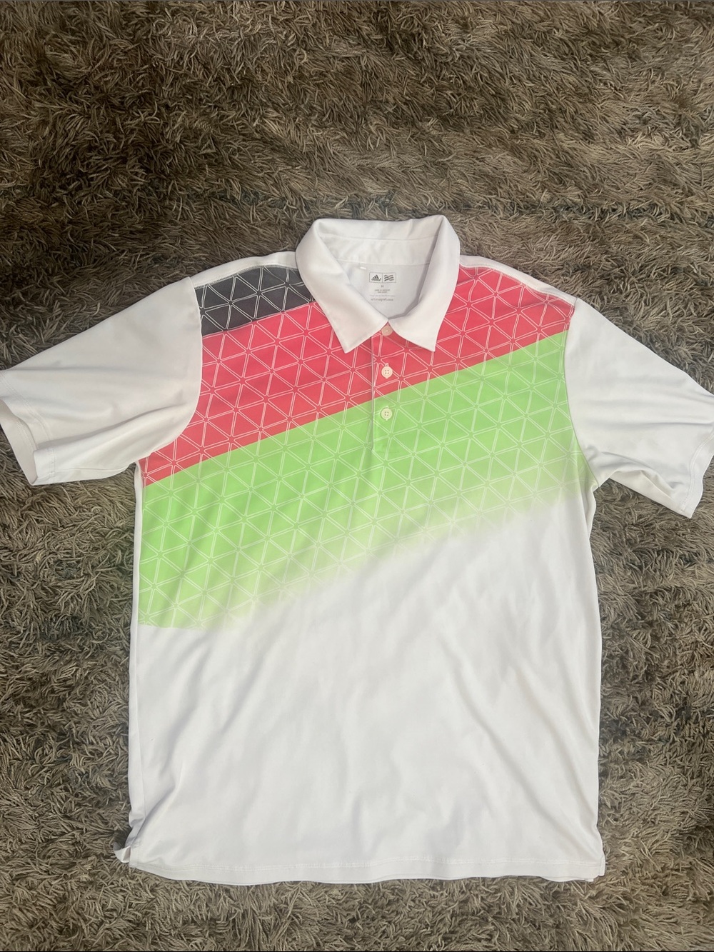 Adidas Golf: White Polo with Pink and Lime Diagonal Graphic